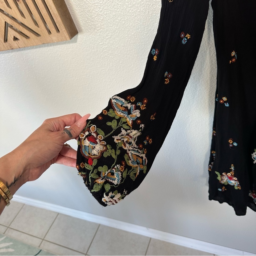 Free People Oxford Black Embroidered Balloon Sleeve Boho Mini Dress Tunic, M - Picture 7 of 14